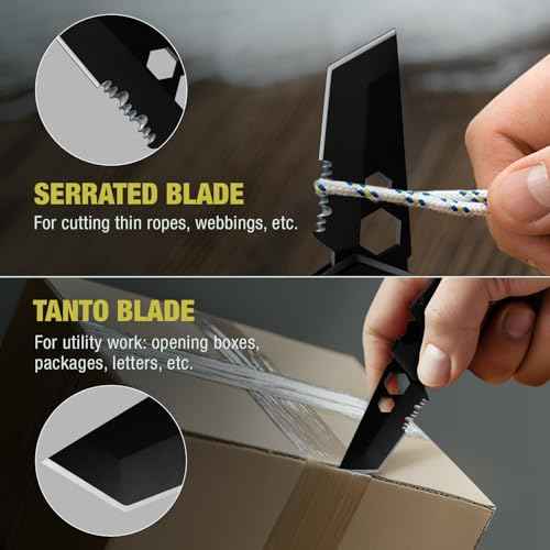 Mini Keychain Knife with Carabiner - 1.3" Tanto Serrated Blade - 6 in 1 Black Multitool - Bottle Opener Box Cutter Liner Lock - EDC Gadgets - Legal Folding Small Pocket Knives for Men Women Gifts 2248