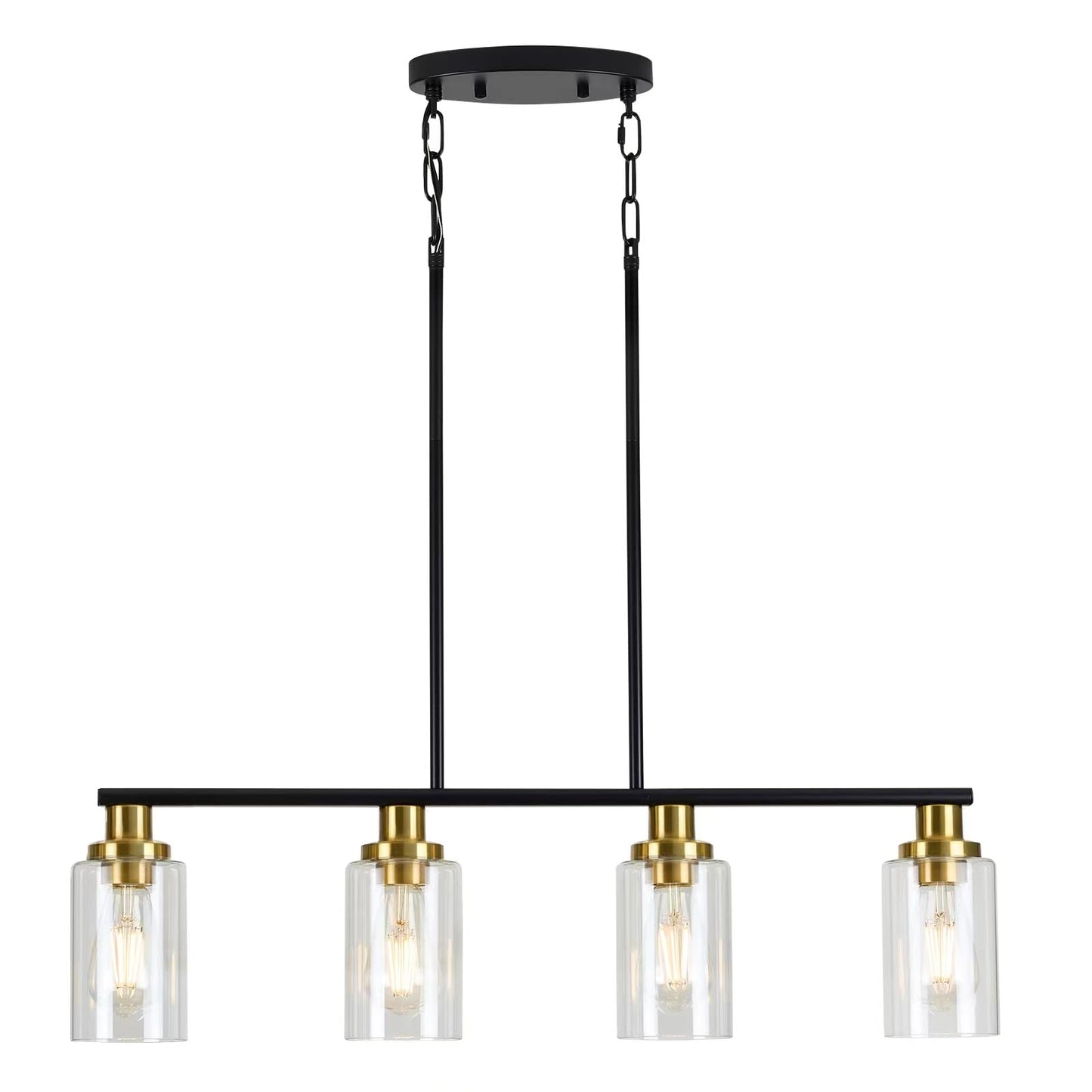 KPIOK Island Lights for Kitchen, 4-Light Farmhouse Dining Room Light Fixtures Over Table, Matte Black and Gold Linear Chandeliers for Dining Room，Industrial Pendant Lighting with Clear Glass Shade