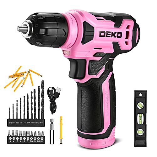 Pink DEKOPRO 8V Cordless Drill Set with 42 Accessories, Keyless Chuck & LED