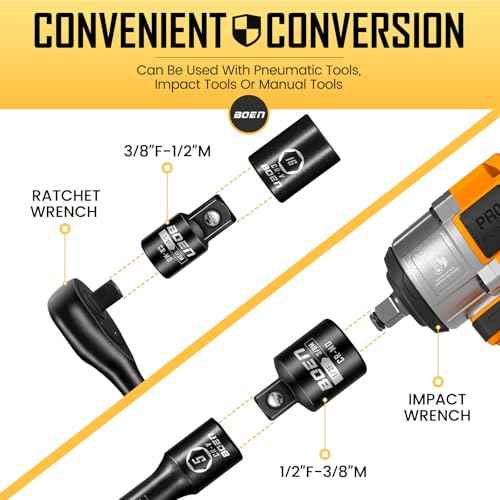 boen 2-Pieces Impact Socket Adapter and Reducer Set, 3/8"F to 1/2"M Adapter & 1/2"F to 3/8"M Reducer, Standard Square Driver & Wrench Conversion Kit, CR-MO Steel