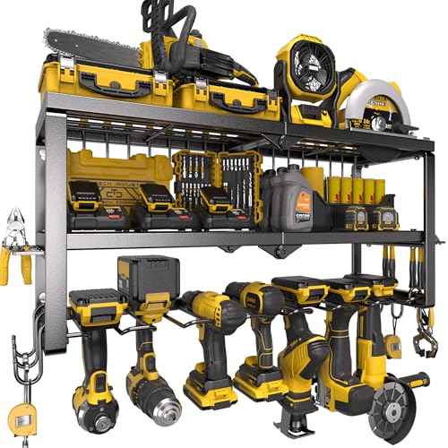 Power Tool Organizer for Tool Storage, Drill Holder Wall Mount with Screwdriver Organizer, Tool Holder for Garage Wall Organization, Heavy Duty Metal Tool Shelf with Battery Holder