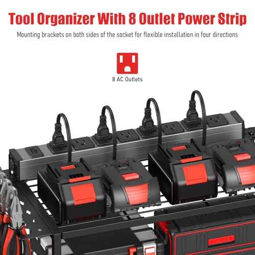 JUNNUJ Tool Organizer with Charging Station, 3 Layers Wall Mount Garage Tools Storage with 8 Outlets Power Strip, 4 Drills Holder Battery Heavy Duty Metal Shelf, Utility Rack with Hooks, Black