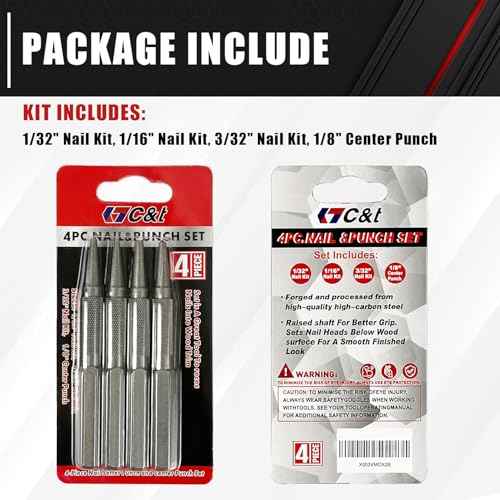 C&T 4-Piece Nail and Punch Set, 1/32, 1/16, 3/32, 1/8Inch, Nail Setter Punch & Center Punch Set, Professional woodworking and carpentry tool kit
