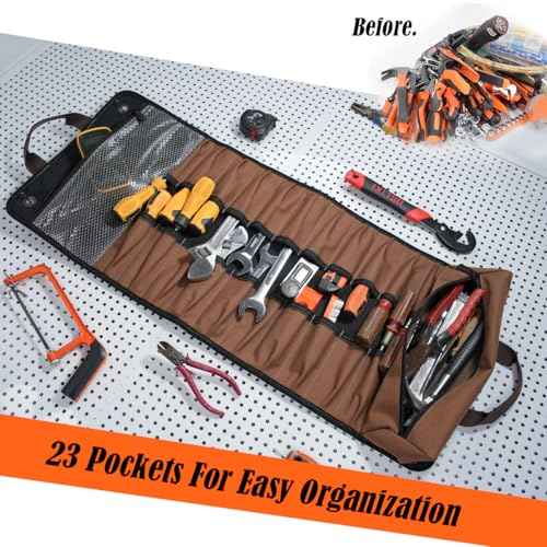 WELKINLAND 23-Pocket Canvas Tool Roll, Heavy-Duty Tool Wrap Roll, Waterproof Canvas Roll Up Tool Bag, 14'' Tool Roll Bag Organizers, Easy-Access Screwdriver Roll Up Pouch