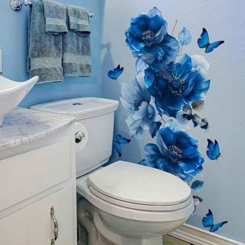 Blue Flower Wall Decals Peel and Stick Peony Floral Wall Sticker Decor Removable Peonies Bouquet Wall Murals with Butterflies for Girls Bedroom Living Room Bathroom Hallway Door Office Kids Nursery