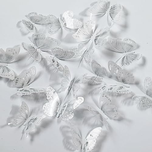 Ewong 54Pcs White 3D Butterfly Wall Decor - Butterfly Decoration Party Cake Decorative - Removable Waterproof Wall Decal Birthday Home Room Decor Bathroom Bedroom Sticker & Murals