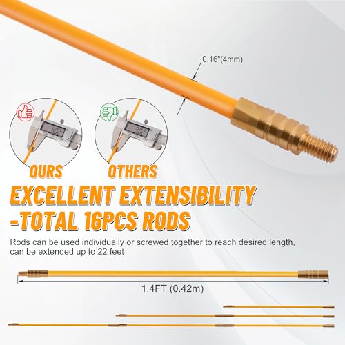 22FT Fiberglass Wire Fishing Rod Kit for Cable & Wire Pulling with Attachments