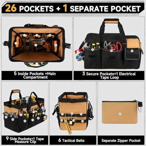 Tool Bag,16-Inch Heavy Duty Tool Bags for Men,27 Pockets Tool Box Organizer Storage,Wide Mouth Toolbag Tools Tote Carrying Case for Dad,Mechanic,Electrician,Black+Brown,Bag Only