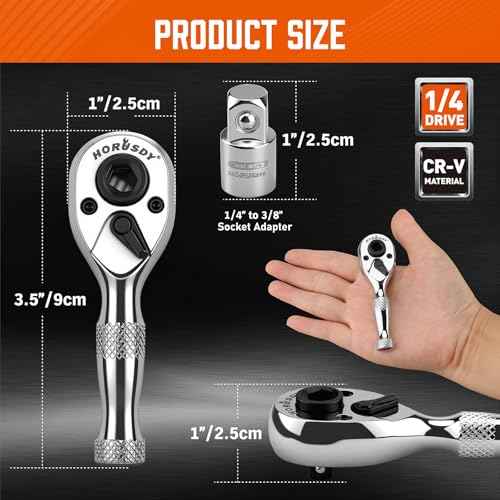 HORUSDY 1/4-Inch Stubby Ratchet Wrench Set, Chrome Alloy 90-Tooth Reversible 1/4" Drive Handle with Magnetic Bit Driver & 1/4" to 3/8" Adapter, Compact Socket Wrench for Tight Spaces, Auto, DIY