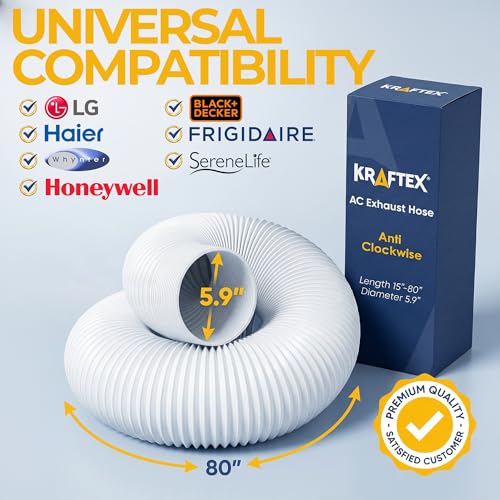 Kraftex 5.9-Inch White Anti-Clockwise Portable AC Exhaust Hose, Extends up to 80 Inches
