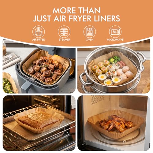 HOTEC 300-Count 8in Square Air Fryer Liners, 5-8 Qt, Unbleached Non-Stick Parchment