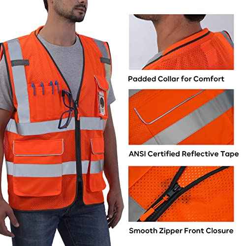 Neopelta Reflective Safety Vest Orange Mesh, High Visibility Vest with Pockets and Zipper, Padded Neck, Construction Work Vest ANSI Class 2, Orange L