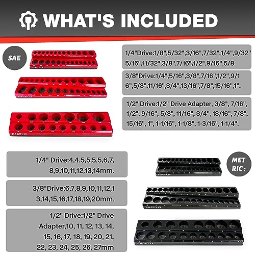 EACELIY Magnetic Socket Organizer Set, 1/2", 1/4" and 3/8" SAE &