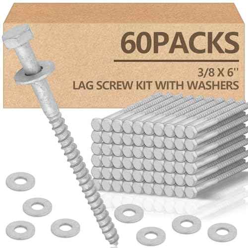 Tandefio 60 Pack 3/8 x 6'' Lag Screw Kit with Washers Hot Dip Galvanized Hex Lag Bolts Heavy Duty Wood Screws for Wood Decks Fences
