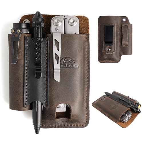 Topstache Leather Multitool Sheath with Belt Clip - Multitool Holster for Belt - EDC Belt Organizer Fits, Flashlight, Pen - Leather Pouch - Holder, Dark Brown