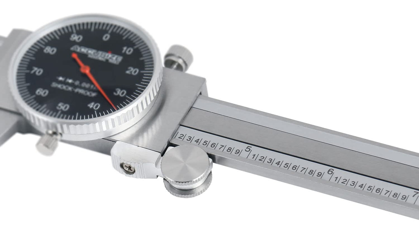 Accusize Industrial Tools 0-12'' by 0.001'' Black Face, Red Needle, Dial Caliper Stainless Steel in Fitted Box, P920-B212