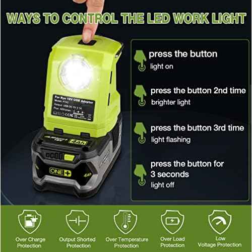Portable Flashlight for Ryobi 18v Battery, 420lm LED Work Light with 2 USB Ports, 3 Light Modes and Foldable Hang Hook, Worklight Outdoor Camping Lantern for Emergency