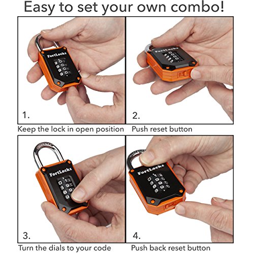 FortLocks 4-Digit Combination Padlock - Black/Orange Indoor & Outdoor Security Lock - 1 Pack