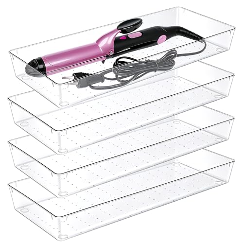Manalete 4 Pack 15" x 6" Large Clear Plastic Drawer Organizer Trays