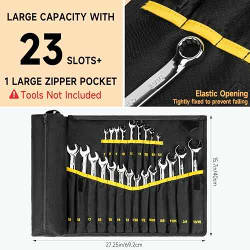 Wrench Roll Organizer,Wrench Roll Up Pouch with 23+1 Pockets,Heavy Duty Tool Roll for Metric & SAE Wrenches,Large Wrench Holder Organizer Bag for Men,Mechanics(Black)