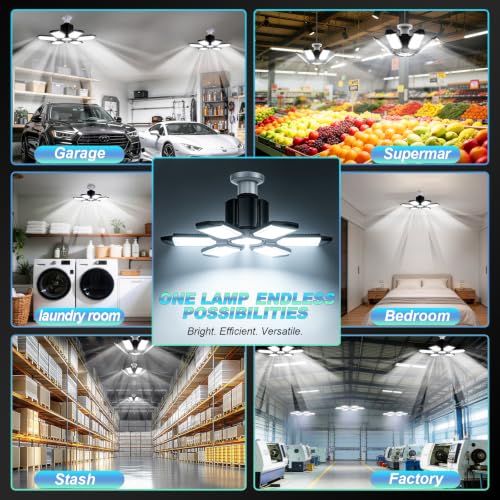 LUCORUSC 6 Pack LED Garage Lights 200W Deformable Ceiling Shop Lights, E26/E27, 6500K, 20000LM, Bright Workshop Basement Attic