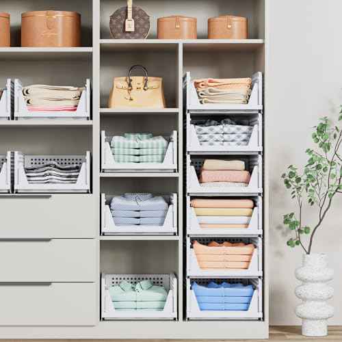 4 Pack Stackable Closet Storage Basket - Stackable Storage Bins, Multifunctional & Foldable Closet Organizer, Wardrobe Cupboard Space-Saving Clothes Storage Hat Organizer, White