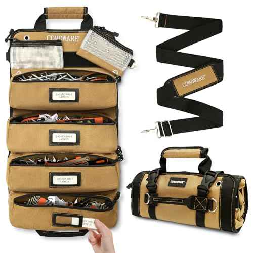 COMOWARE Roll Up Tool Bag, 600D Oxford PVC Coated Tool Organizer with 11 Pouches, 5 Exterior Wrench Pockets & Adjustable 51.2" Shoulder Strap for Mechanics, Plumbers, Camping, Motorcycle