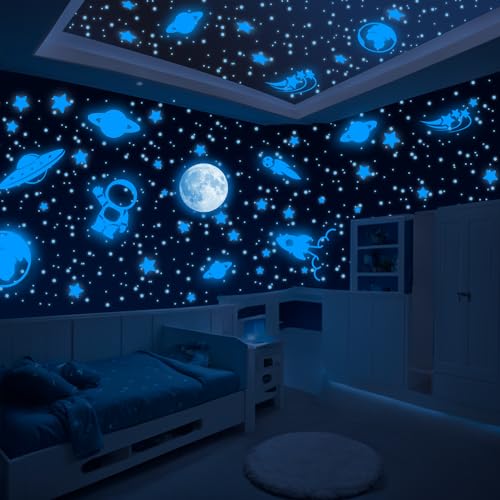 LUMOSX Space Blue Glow in the Dark Star Ceiling Decals Set - 600 Pcs with Moon & E-Book