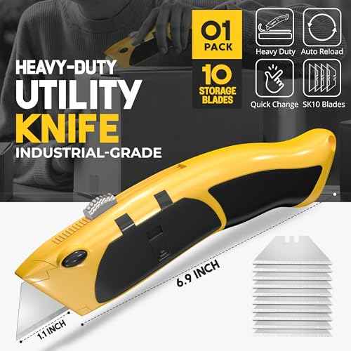 Auto Reload Utility Knife with 10 Preloaded SK5 Blades, Heavy Duty Box Cutter Retractable and Razor Knife with Non-Slip Rubber Handle and Lanyard Hole
