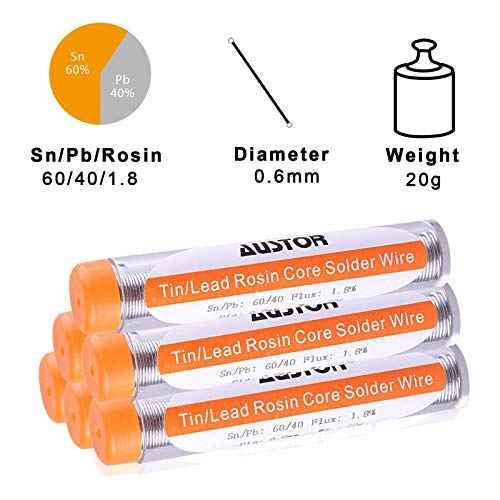 AUSTOR Pack of 6 Solder Wire 60-40 Rosin Core Solder 0.6mm Electrical Soldering Wire, 20g