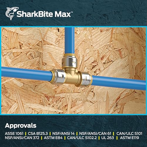 SharkBite Max 1/2 Inch Push-to-Connect Brass Tee Fitting for PEX, Copper, CPVC, HDPE - Model UR362A