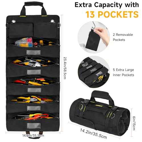 Tool Bag,Large Roll Up Tool Bag Organizer,13 Pockets Tool Roll Storage Pouch,Heavy Duty Portable Tool Storage Carrier Bag for Men,Mechanic,Electrician & Hobbyist,Black