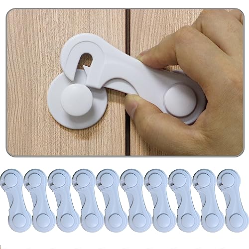 Child Proof Cabinet Locks for Baby Safety, 10 Pcs Baby Proofing Cabinet Locks with Adhesive for Drawer Cupboards Fridge Closet and Pantry, Door Latch for Protecting Kids Toddler (White-10PCS)