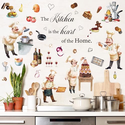 Chinco Chefs Peel and Stick Wall Decals Italian Fat Chefs Cooking Wall Sticker Wine Cake for Kitchen Restaurant Dining Room Home Decoration, 6 Sheets