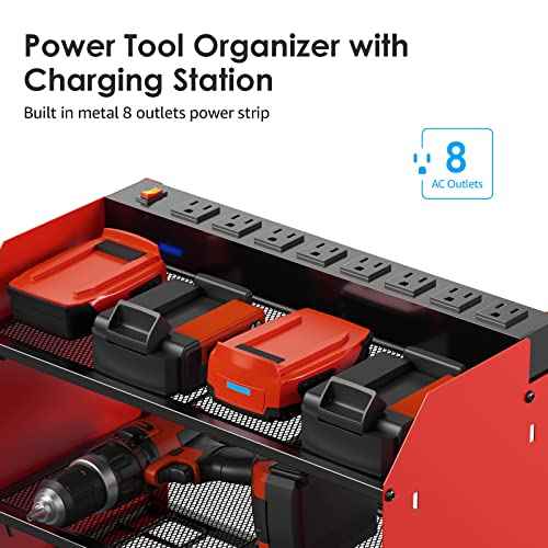 CCCEI Modular Power Tool Organizer Wall Mount with Charging Station. Garage Drill Storage Shelf with Hooks, Heavy Duty Rack, Tool Battery Holder Built in 8 Outlet. Gift for Men. Red, 1 Pack.