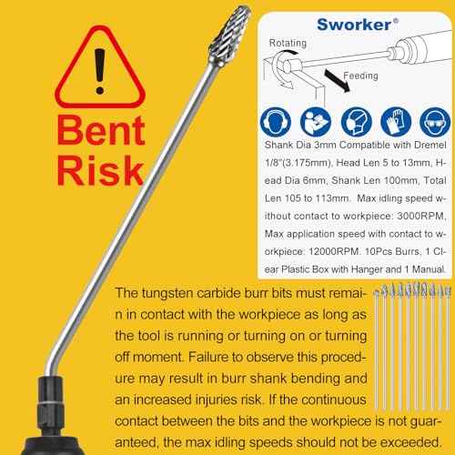 10Pcs Long Carbide Burr Set 1/8" Shank Total L 4.4" Compatible with Dremel Die Grinder Bits Port Grind Metal Cast Iron Steel Aluminum Cylinder Head Engine Intake Exhaust Manifold Tight Area