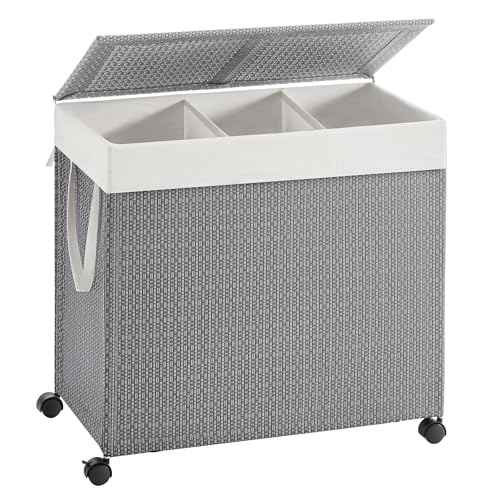 SONGMICS HOME Laundry Hamper with 3 Section, Large 140 L Rolling Laundry Basket with Wheels, Rattan Clothes Basket with Lid, Removable Liner with Handles, Dove Gray and Matte White ULCB602G01