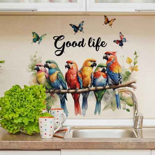 6 Colorful Parrots on Tree Branch Jungle Wall Decals Peel and Stick Vinyl Rainforest Birds Wall Stickers & Murals for Kitchen Cabinet Door Baby Nursery Wall Decor Tropical Wallpaper with Butterflies