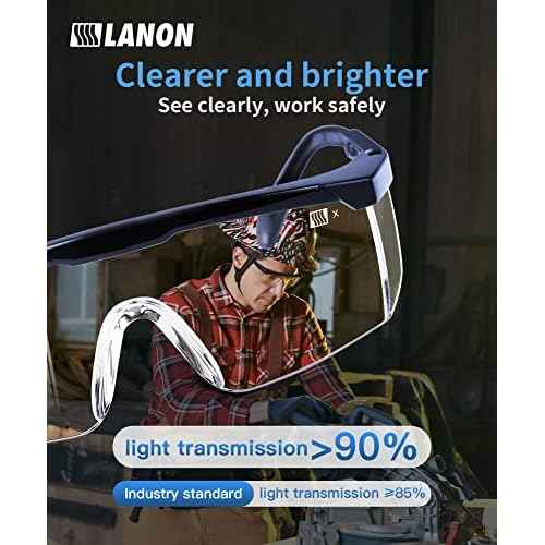 LANON Anti-Fog Safety Goggles with Ajustable Temples, 2.5 Times ANSI Z87.1 Double-sided Antifog, Side Protection, High Transmission, Lightweight & Comfortable Safety Glasses.