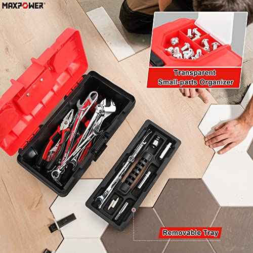 MAXPOWER Small Tool Box, 14-inch Plastic Tool Boxes with Handle, Removable Tray with Dual Lock Secured, Red Toolbox for Home