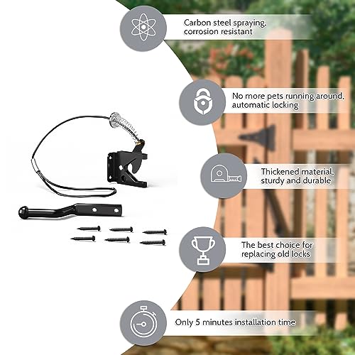 JZVXX Black Self Locking Gate Latch with Spring Cable for Wooden Fence - Carbon Steel