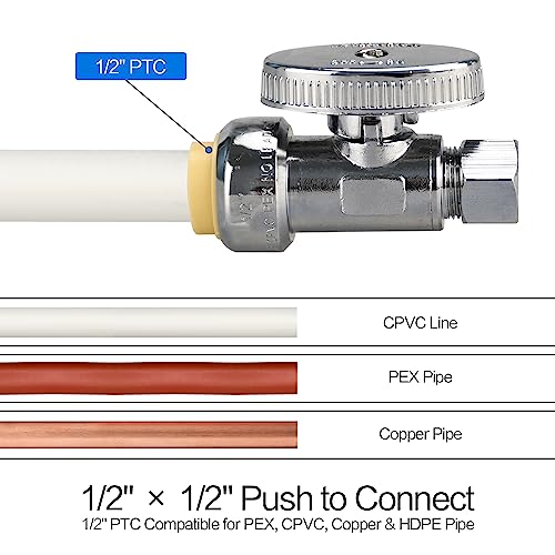 2 Pack Brass Straight Stop Valves 1/2" Push-to-Connect & 3/8" Compression, Reusable, for Plumbing