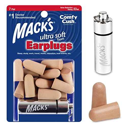 Mack¡¯s Ultra Soft Foam Earplugs, 7 Pair + Case ? 33 dB Highest NRR, Comfortable Ear Plugs for Sleeping, Snoring, Travel, Concerts, Studying and Noise