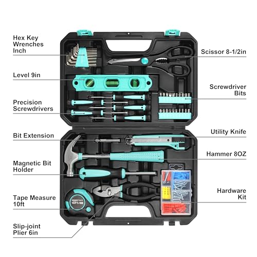 Amazon Basics 142-Piece Household Tool Kit with Storage Case - Turquoise, 13.39 x 9.25 x 2.95 inches