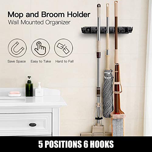 IMILLET 2 Pack Wall Mount Mop and Broom Organizer with Hooks – Heavy Duty Tool Rack Storage