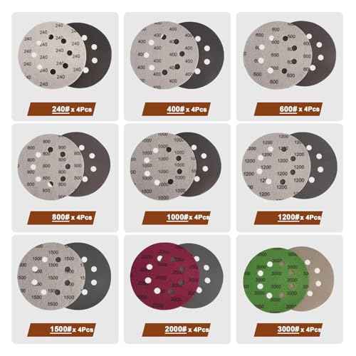 Viaky 36Pcs 125mm Sanding Discs, Wet Dry 5 Inch 8 Hole Hook and Loop 240 400 600 800 1000 1200 1500 2000 3000 Grit Round Sanding Pads, Orbital Sander Discs for Wood, Metal, Car, Furniture, Polishing