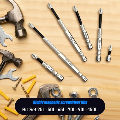 6 Pack High Magnetic Screwdriver Drill Bit Set, k5 Anti Slip bit, Electric Precision Screwdriver Set, 25 50 65 70 90 150mm