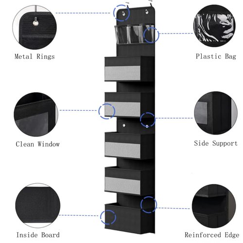 Over The Door Organizer with 5 Large Capacity Pockets, 6 Shelf Detachable Hanging Organizer with Clear Window, 2 in 1 The Door Storage Hanging Shelves for Closet, Dorm, Bathroom, Bedroom (Black)