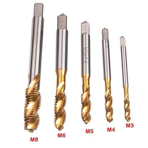 Rocaris 5 Pcs M3 M4 M5 M6 M8 Titanium Coated HSS Spiral Flute Metric Taps Set