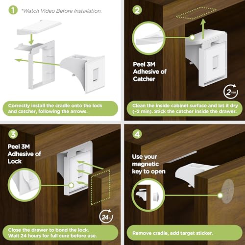 Skyla Homes Magnetic Cabinet Locks 12 Pack with 2 Keys - Babyproofing Safety Locks